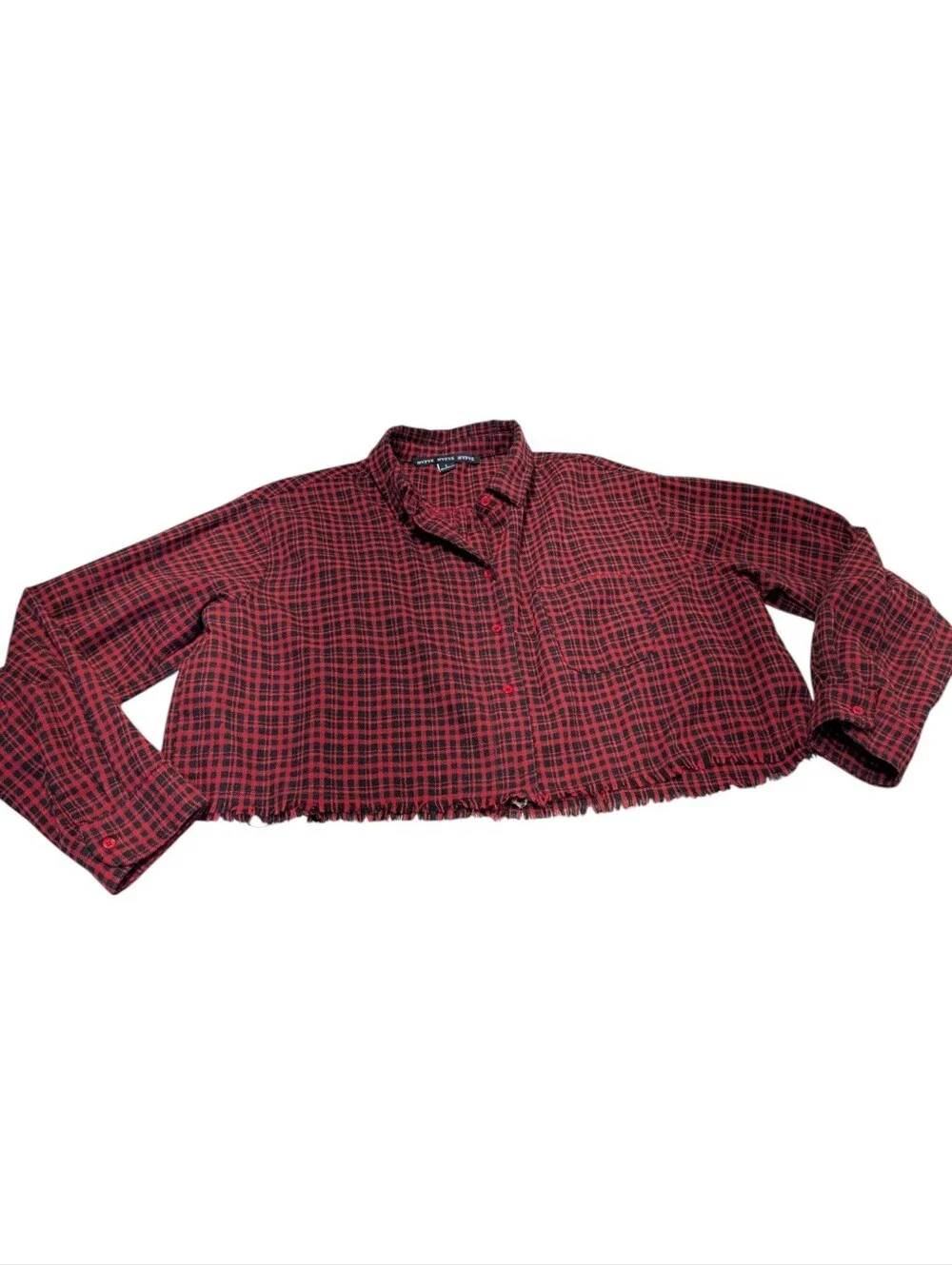 HYFVE Womens Red Black Plaid Collared Button-Up Fringe Cropped Shirt Sz L